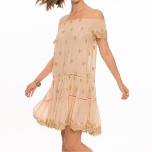 muche et muchette Off The Shoulder Dress Bohemian Metallic Lace Party Dress O/S